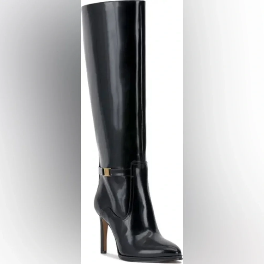 Vince Camuto Skylie Black Glossy Leather High Heel Boots Sz 8 BNWB - Picture 2 of 6